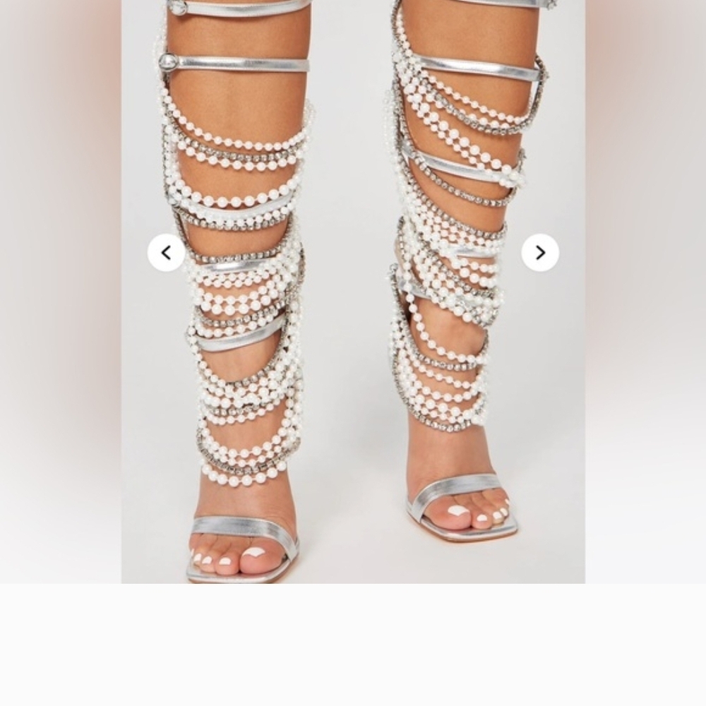 Silver and White Beaded Heels